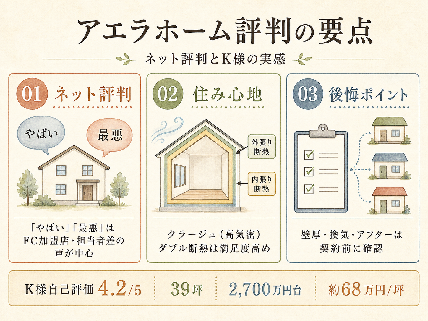 「アエラホーム やばい」ネット評判とK様の実感のギャップを比較した図解（満足度4.2点）