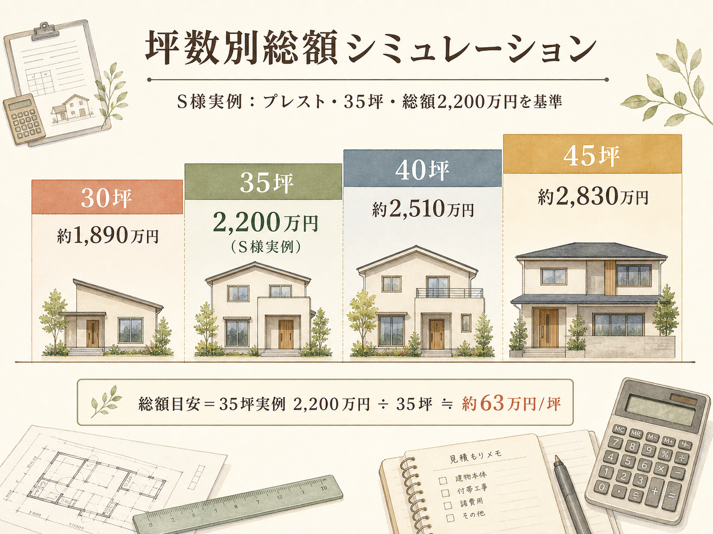 アエラホームの坪数別 総額シミュレーション（30・35・40坪）