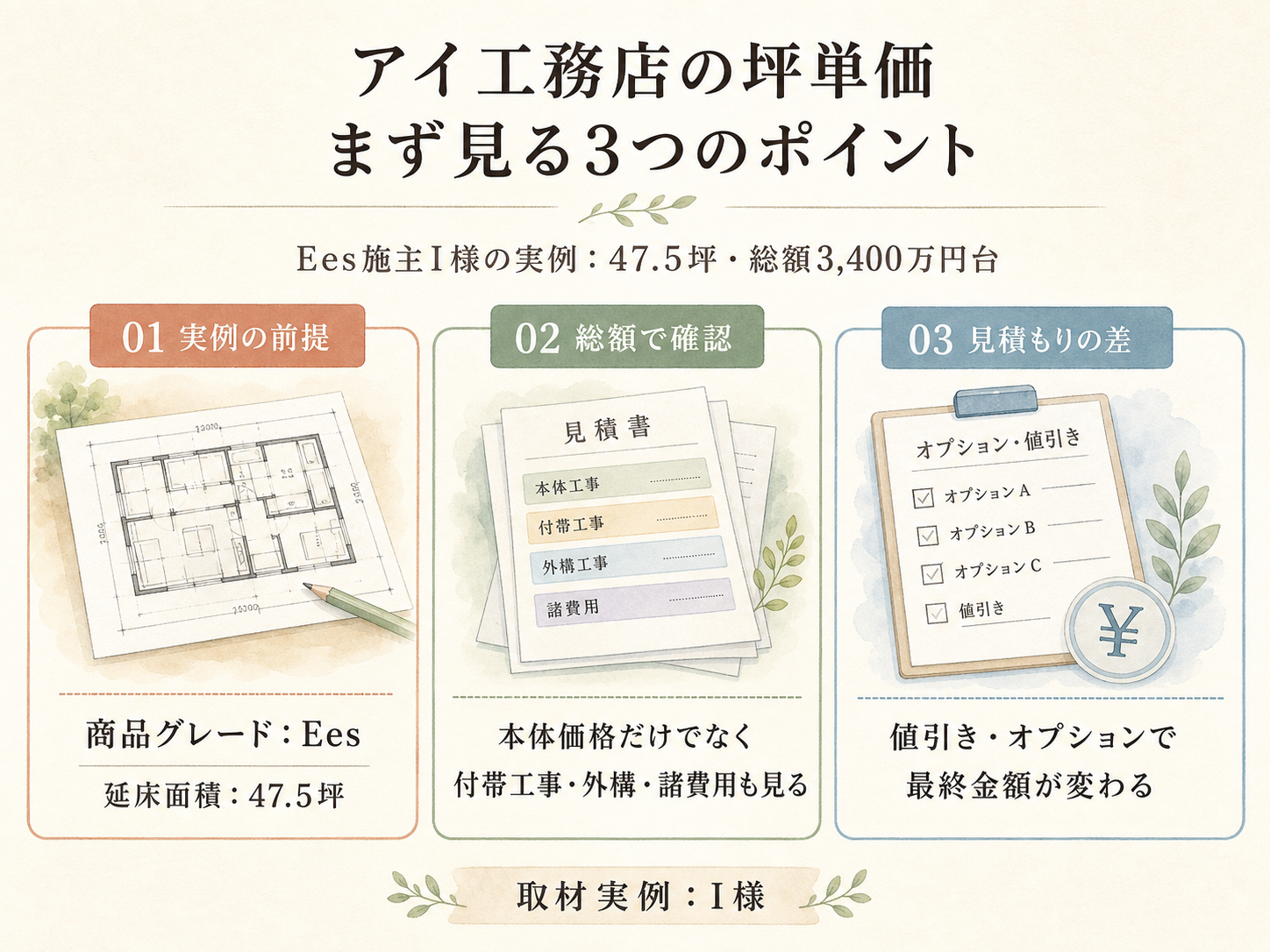 I様(アイ工務店・47.5坪)の総額3400万円の内訳（本体工事・付帯工事・外構・家具家電・諸費用の積み上げ棒グラフ）