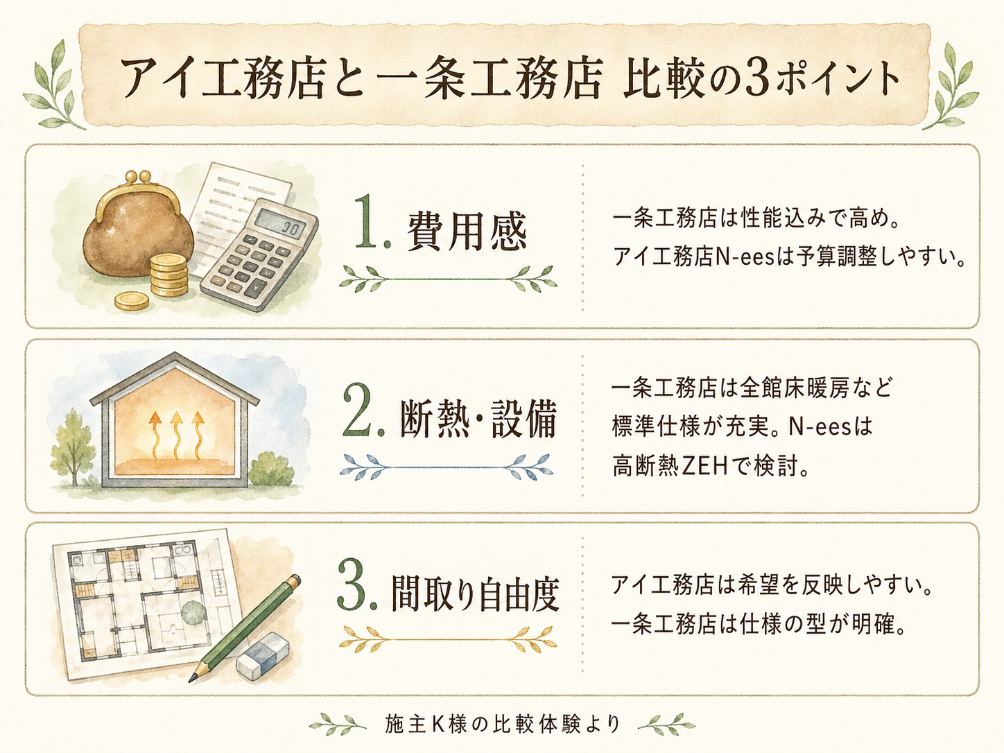 アイ工務店と比較検討したメーカーの違い3点（構造・外壁・担当姿勢）のマトリクス図解