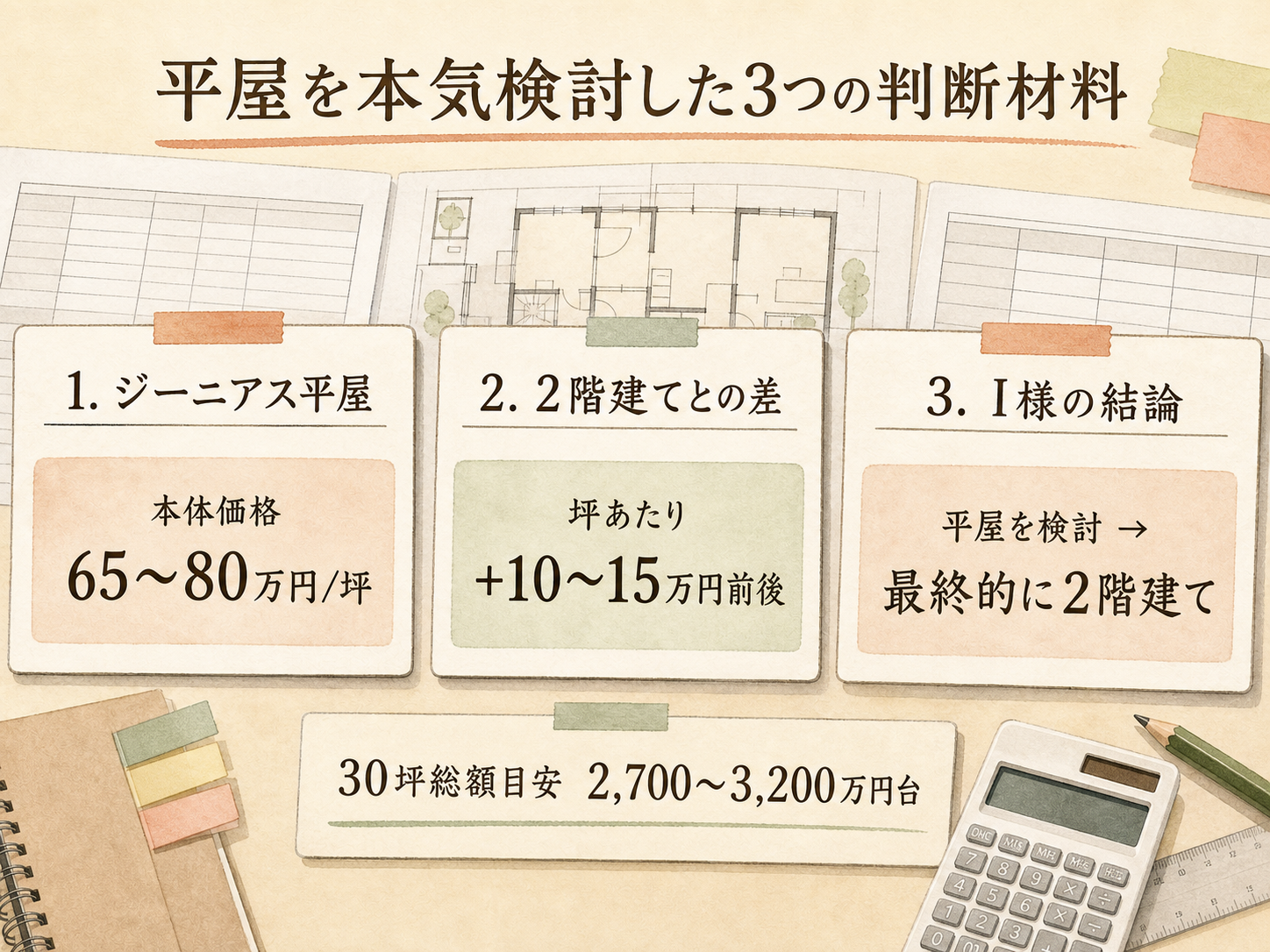 I様がアキュラホームの平屋を選んだ決め手3つ（生活動線・空間の豊かさ・将来の安心感）の図解