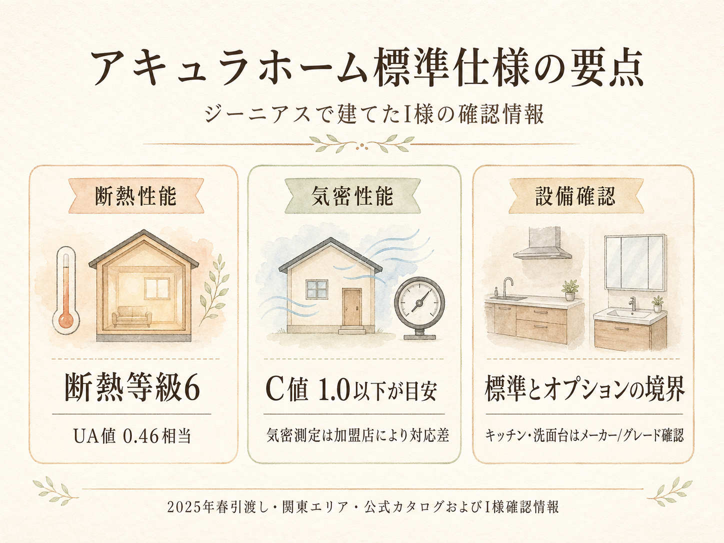 アキュラホームの標準仕様の主要3カテゴリ(構造・断熱・水回り設備)の3点カード図解