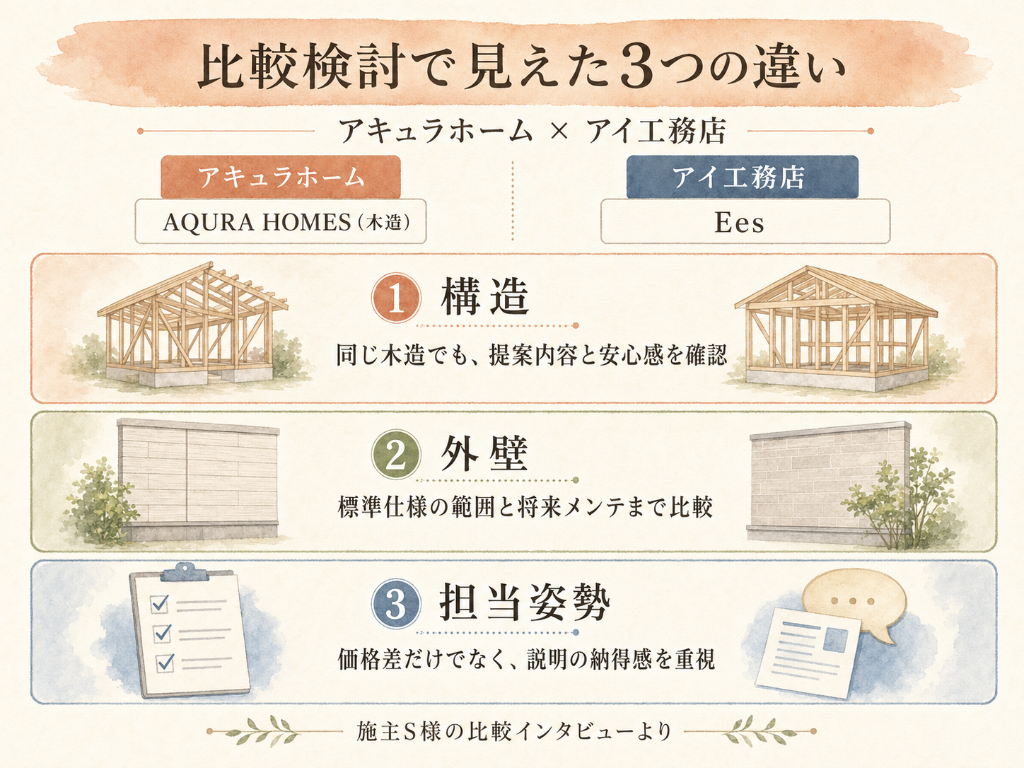 アキュラホームと比較検討したメーカーの違い3点（構造・外壁・担当姿勢）のマトリクス図解