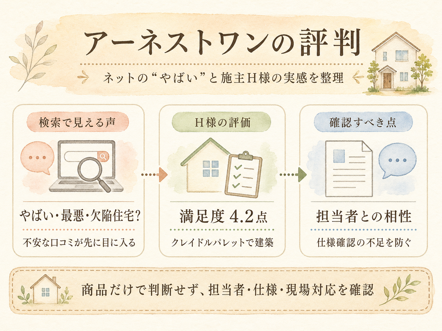 「アーネストワン やばい」ネット評判とH様の実感のギャップを比較した図解（満足度4.2点）
