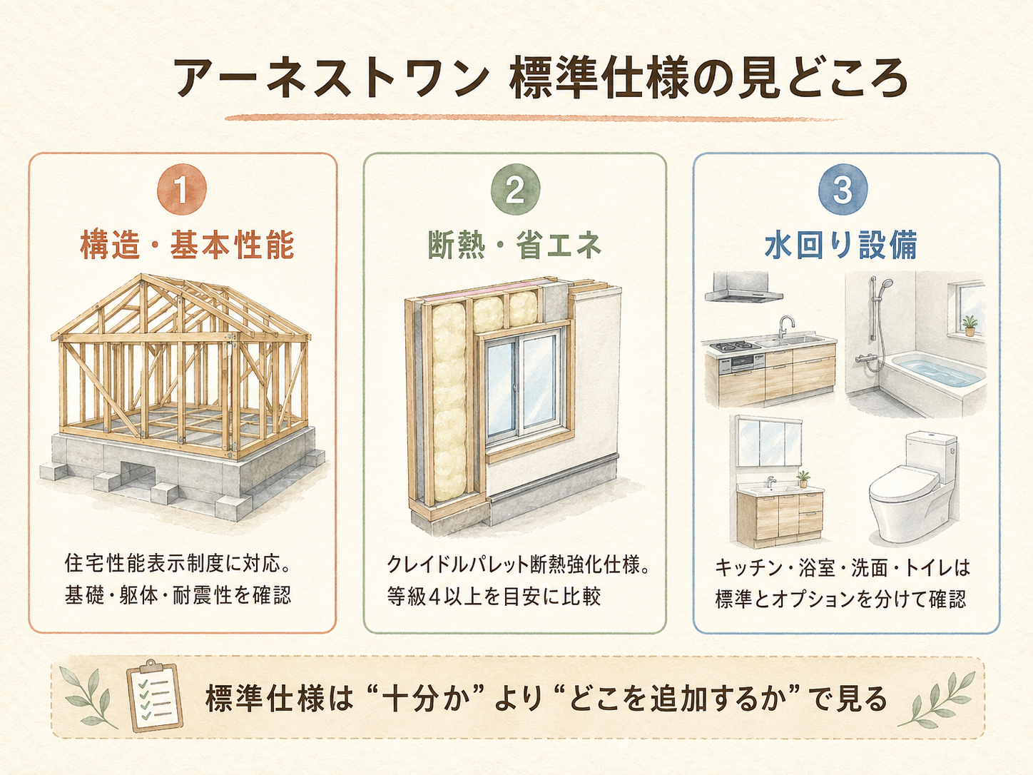アーネストワンの標準仕様の主要3カテゴリ（構造・断熱・水回り設備）の3点カード図解