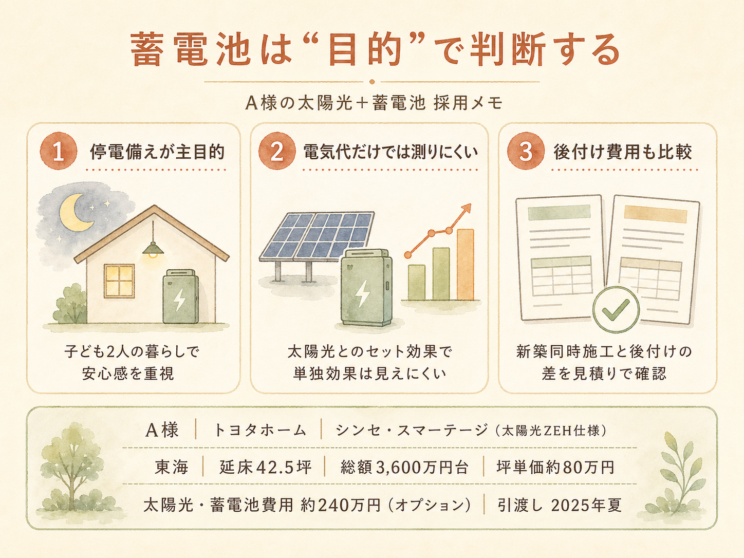 A様(ハウスメーカー・42.5坪)の建築スペック（メーカー・商品・坪数・坪単価・総額・建築時期のカード表示）