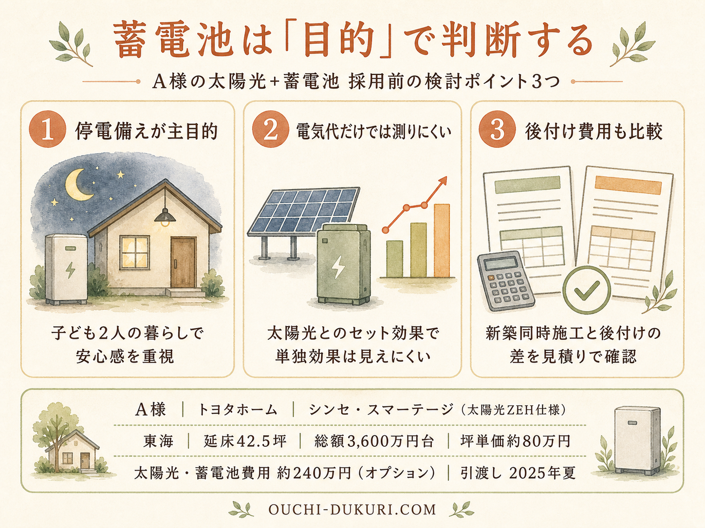 A様(ハウスメーカー・42.5坪)の建築スペック一覧（メーカー・商品・坪数・坪単価・総額・建築時期）