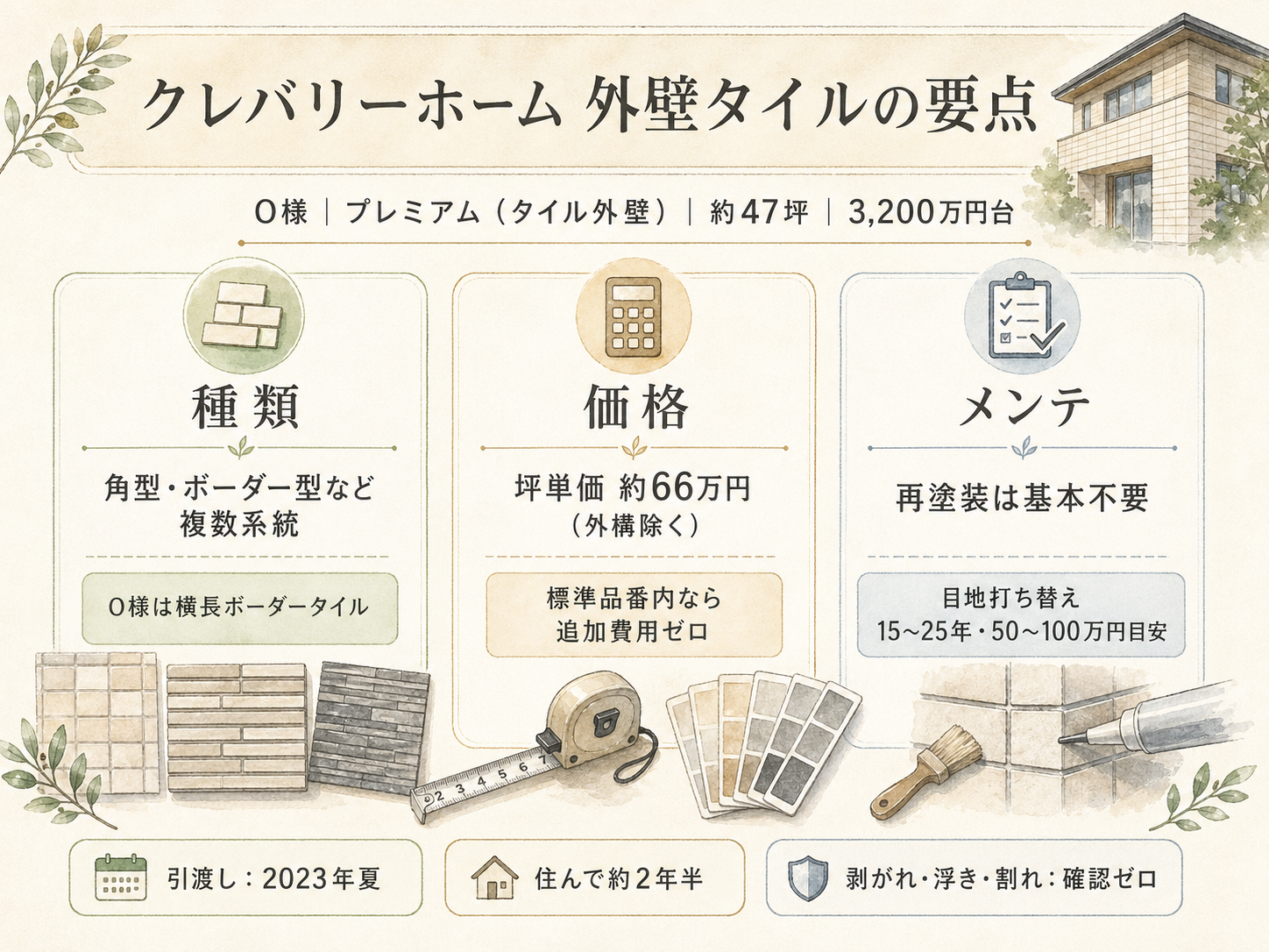 O様(クレバリーホーム・47坪)の建築スペック（メーカー・商品・坪数・坪単価・総額・建築時期のカード表示）