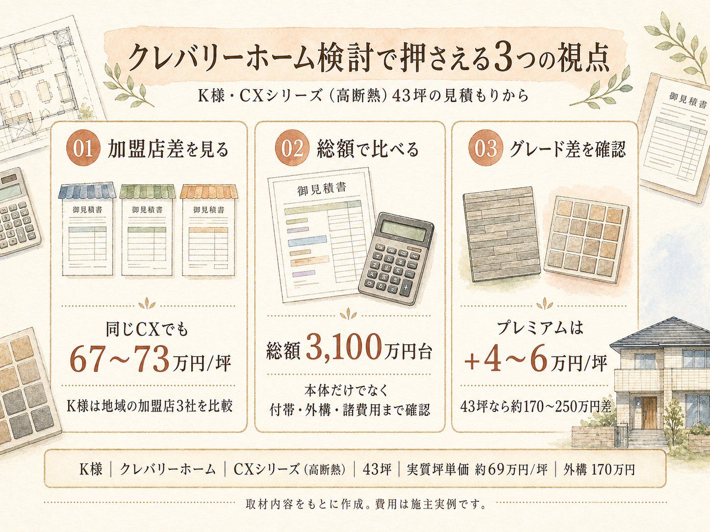 クレバリーホームの坪数別 総額シミュレーション（30・35・40坪）