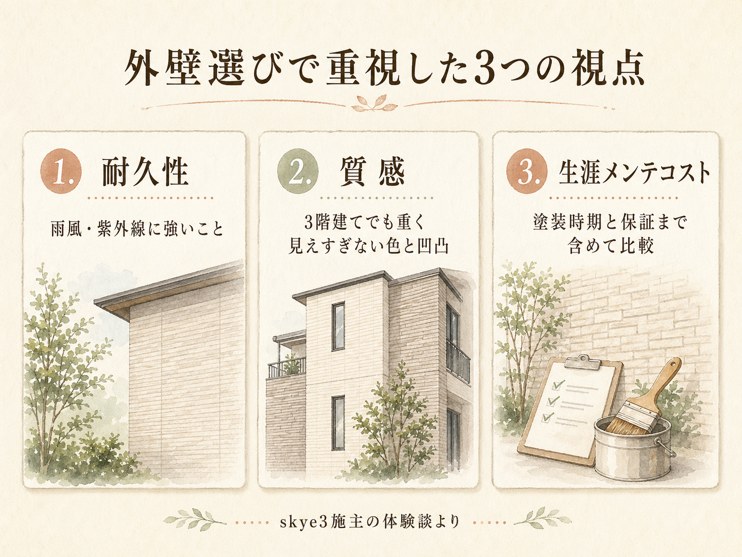 O様が外壁選びで重視した3つの視点（耐久性・質感・生涯メンテコスト）の図解