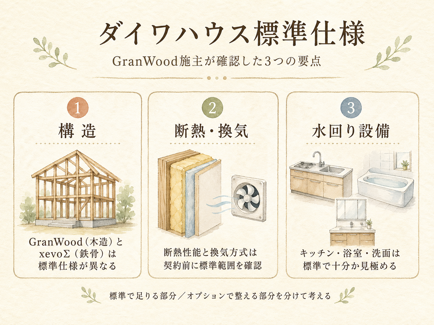 ダイワハウスxevoΣの標準仕様の主要3カテゴリ（構造・断熱・水回り設備）の3点カード図解
