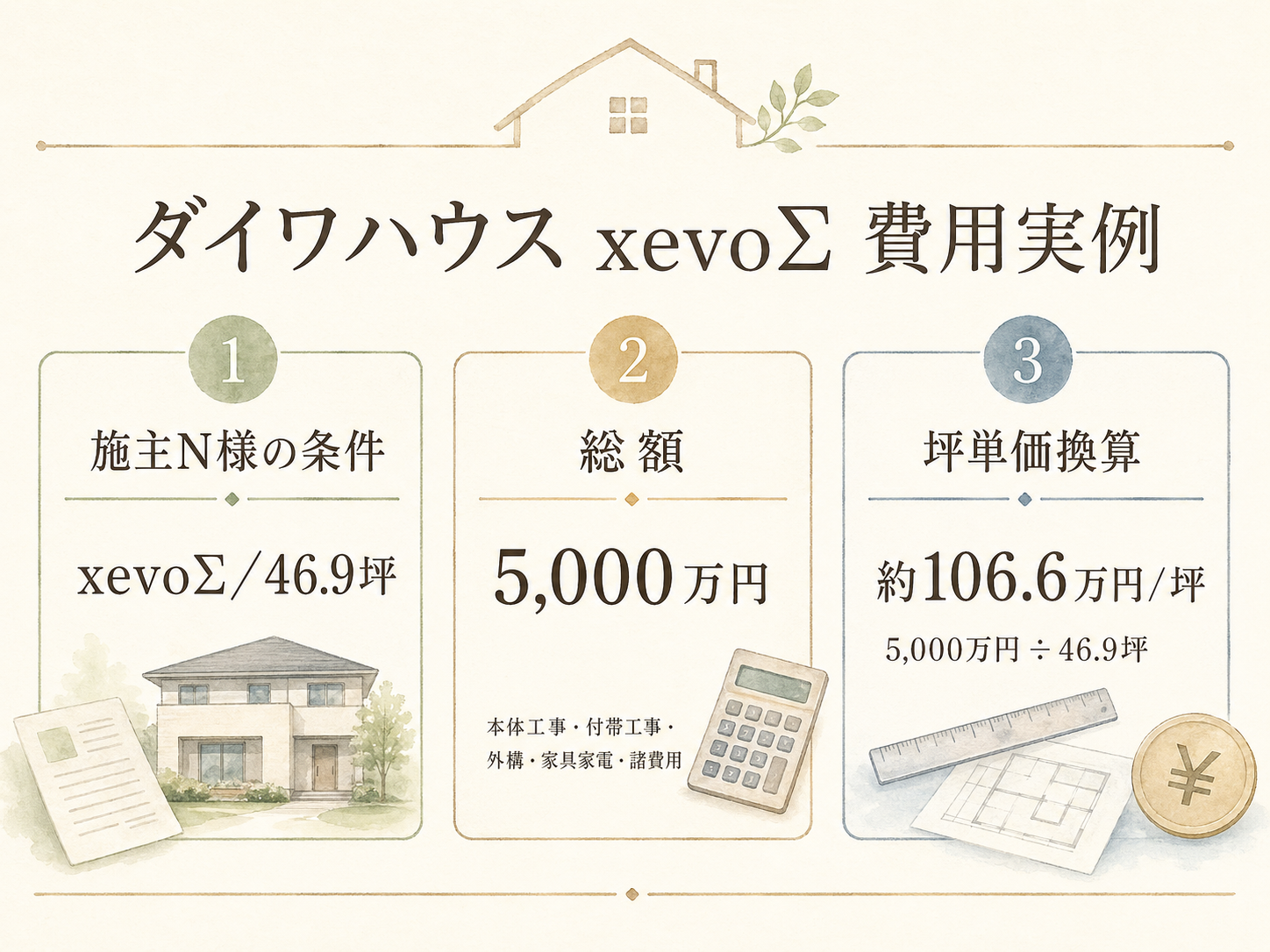 N様(ダイワハウスxevoΣ・46.9坪)の総額5000万円の内訳（本体工事・付帯工事・外構・家具家電・諸費用の積み上げ棒グラフ）