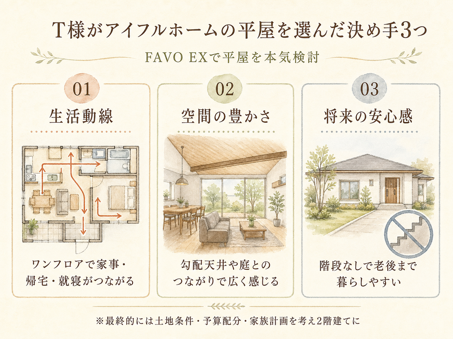 T様がアイフルホームの平屋を選んだ決め手3つ（生活動線・空間の豊かさ・将来の安心感）の図解
