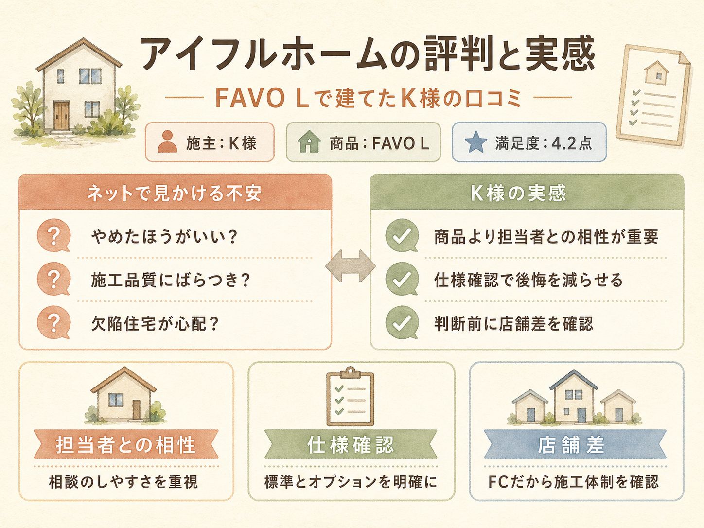 「アイフルホーム やばい」ネット評判とK様の実感のギャップを比較した図解（満足度4.2点）