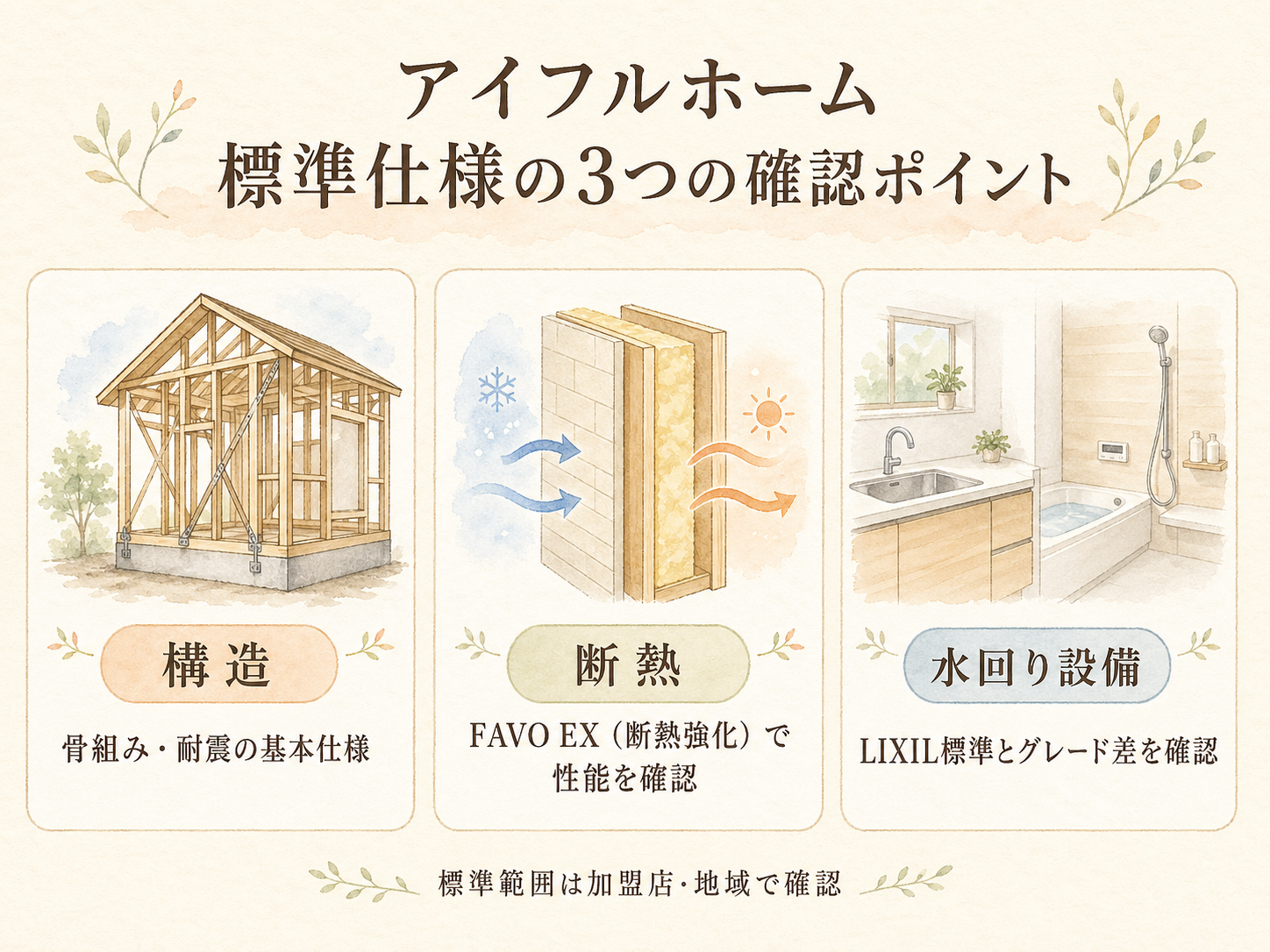 アイフルホームの標準仕様の主要3カテゴリ（構造・断熱・水回り設備）の3点カード図解