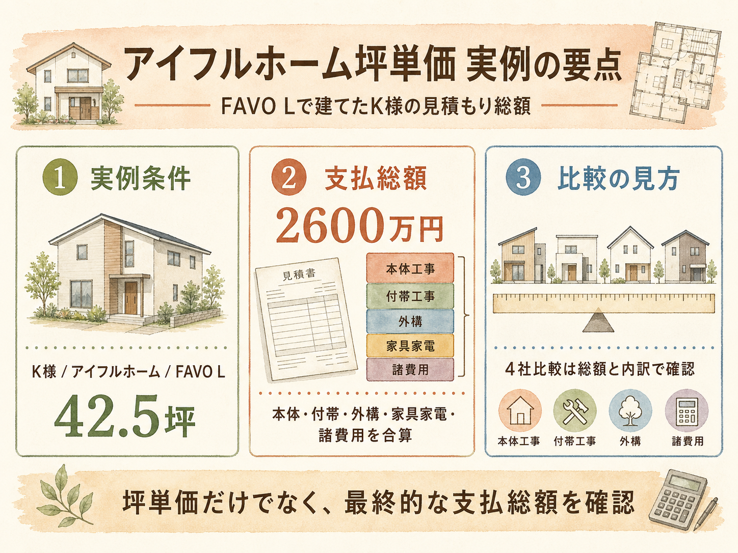 K様(アイフルホーム・42.5坪)の総額2600万円の内訳（本体工事・付帯工事・外構・家具家電・諸費用の積み上げ棒グラフ）