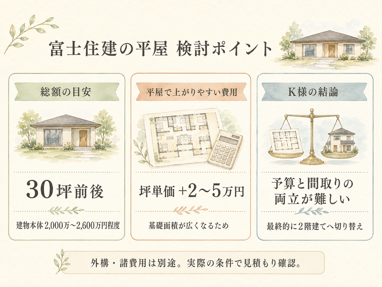 K様が富士住建の平屋を選んだ決め手3つ（生活動線・空間の豊かさ・将来の安心感）の図解