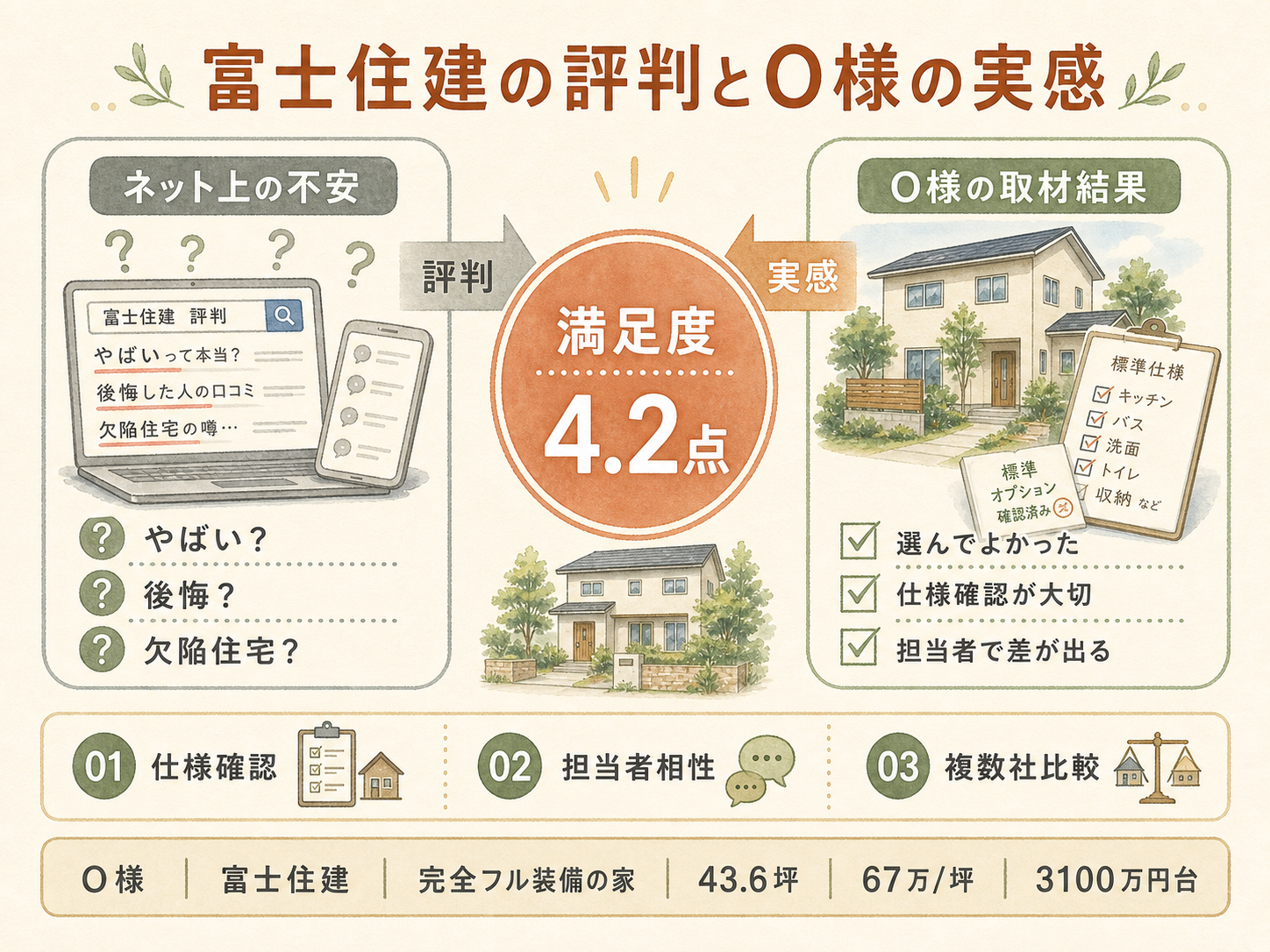 「富士住建 やばい」ネット評判とO様の実感のギャップを比較した図解（満足度4.2点）