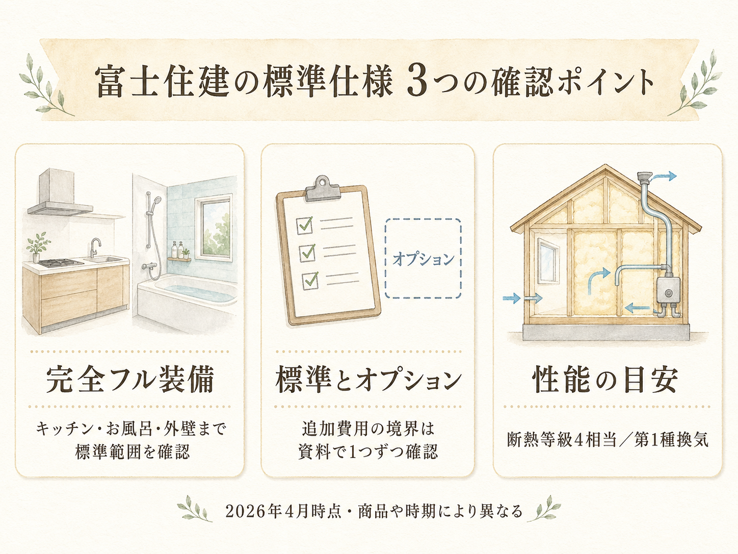富士住建の標準仕様の主要3カテゴリ（構造・断熱・水回り設備）の3点カード図解