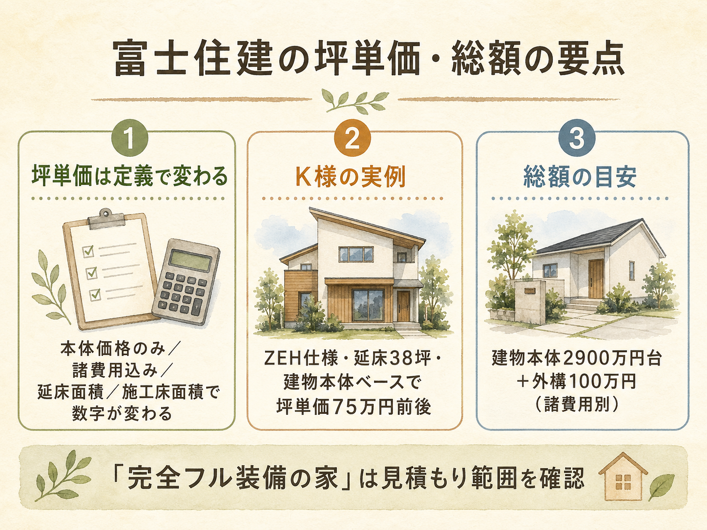 K様(富士住建・38坪)の総額 約3,400万円（本体2,900万円台＋外構・諸費用込み）の内訳（本体工事・付帯工事・外構・家具家電・諸費用の積み上げ棒グラフ）