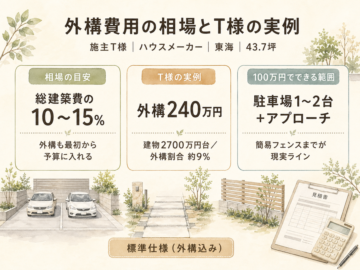 T様(ハウスメーカー・43.7坪)の建築スペック（メーカー・商品・坪数・坪単価・総額・建築時期のカード表示）
