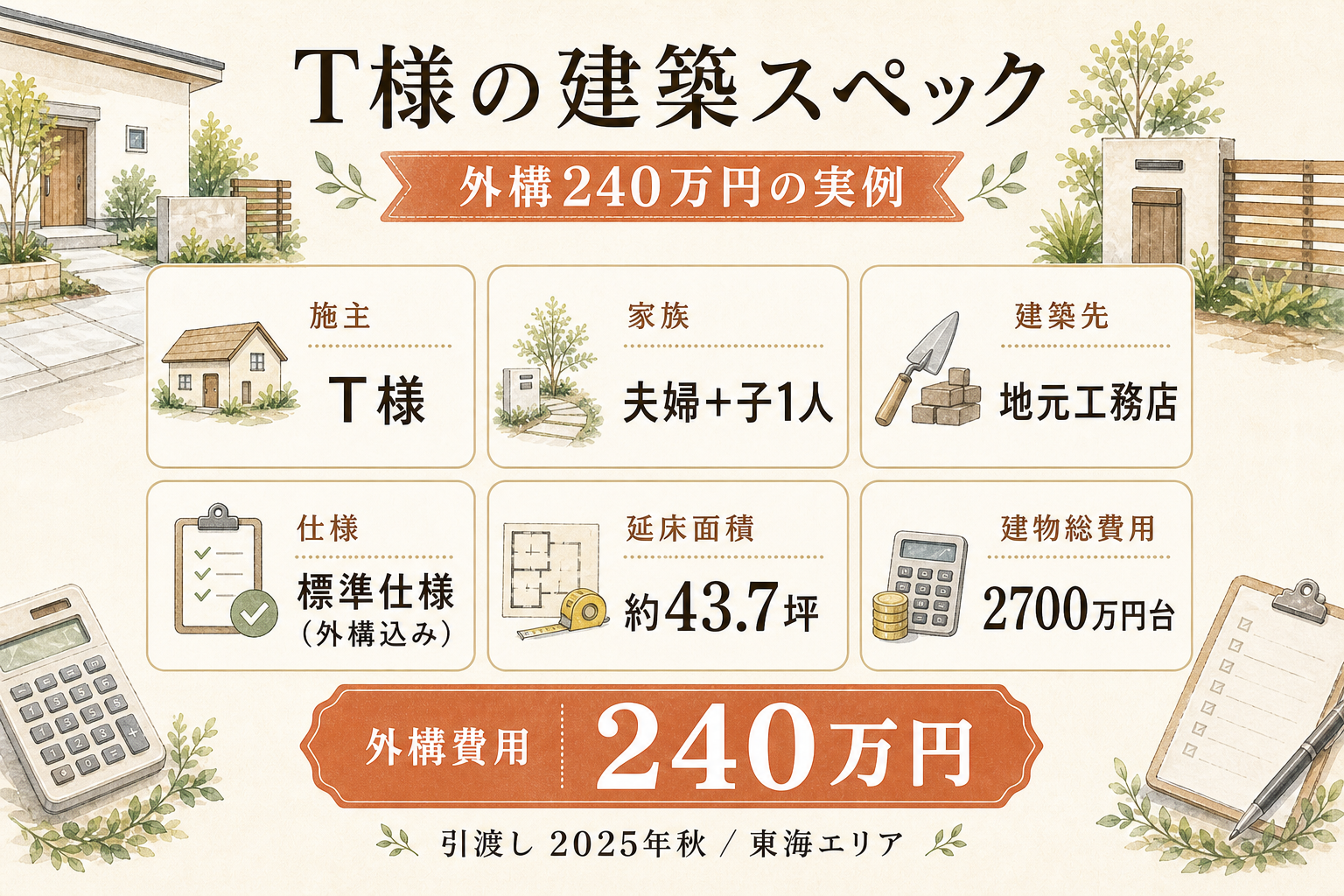 T様(ハウスメーカー・43.7坪)の建築スペック一覧（メーカー・商品・坪数・坪単価・総額・建築時期）
