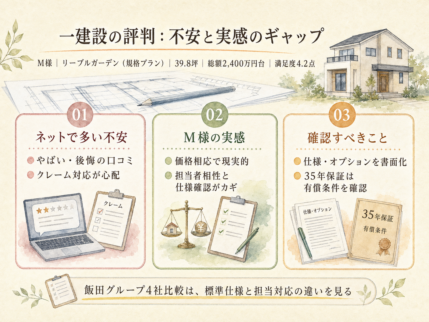「ハウスメーカー やばい」ネット評判とM様の実感のギャップを比較した図解(満足度4.2点)