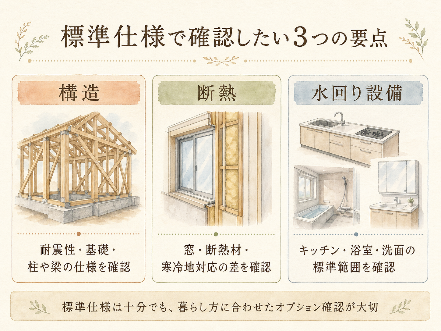 ハウスメーカーの標準仕様の主要3カテゴリ（構造・断熱・水回り設備）の3点カード図解