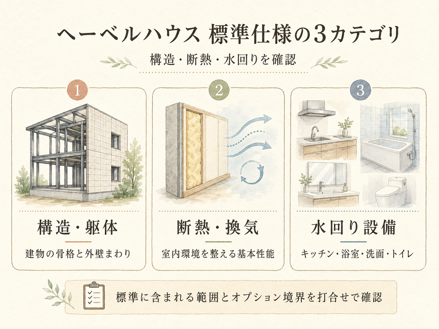 ヘーベルハウスの標準仕様の主要3カテゴリ(構造・断熱・水回り設備)の3点カード図解