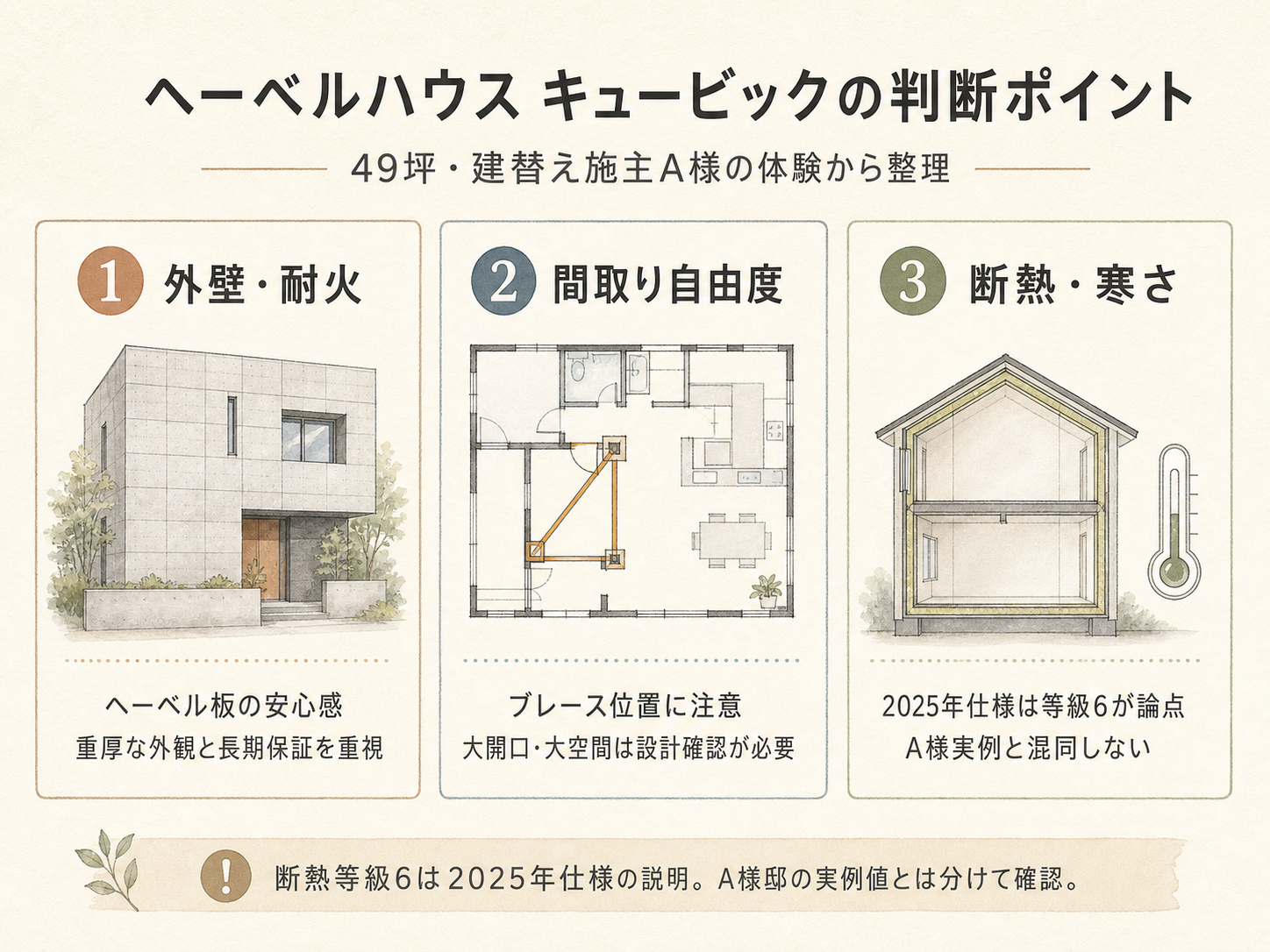A様(ヘーベルハウス・49坪)の建築スペック（メーカー・商品・坪数・坪単価・総額・建築時期のカード表示）
