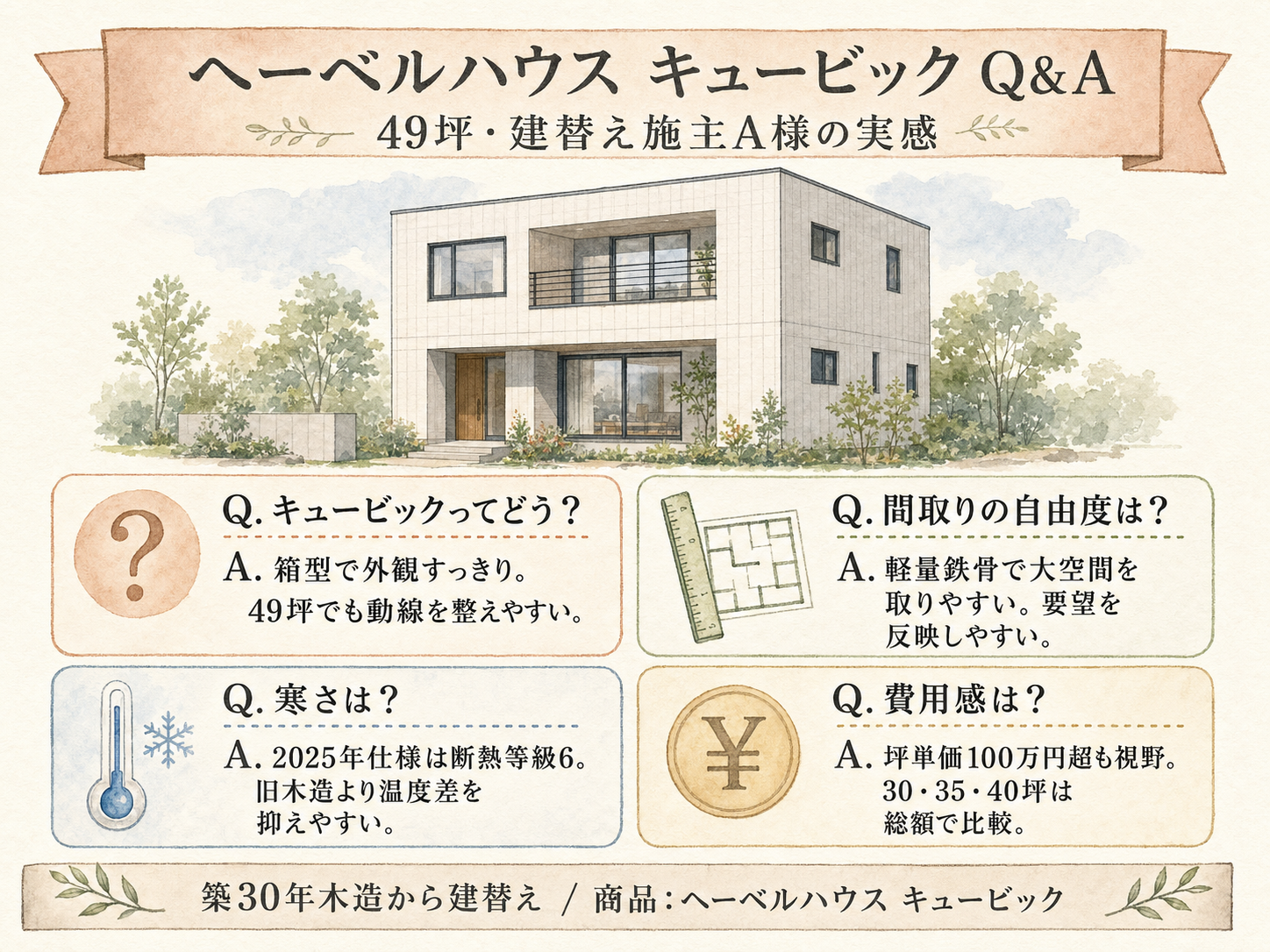 ヘーベルハウスに関する読者の疑問と、A様の取材時の回答（Q&A図解）
