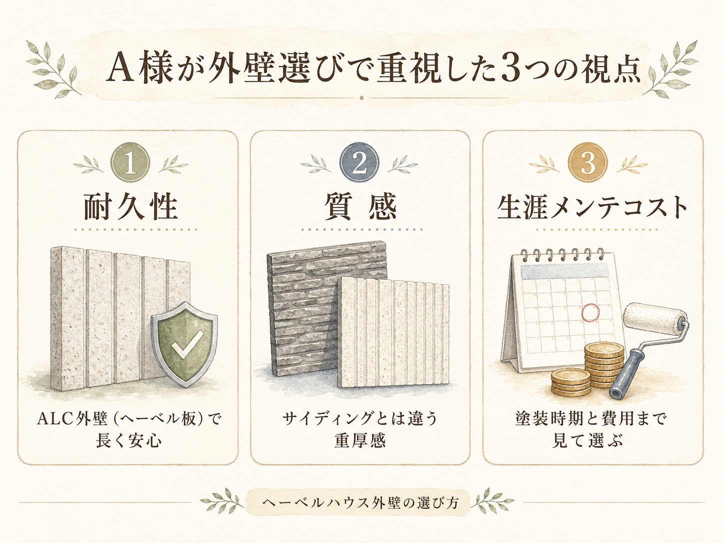 A様が外壁選びで重視した3つの視点（耐久性・質感・生涯メンテコスト）の図解