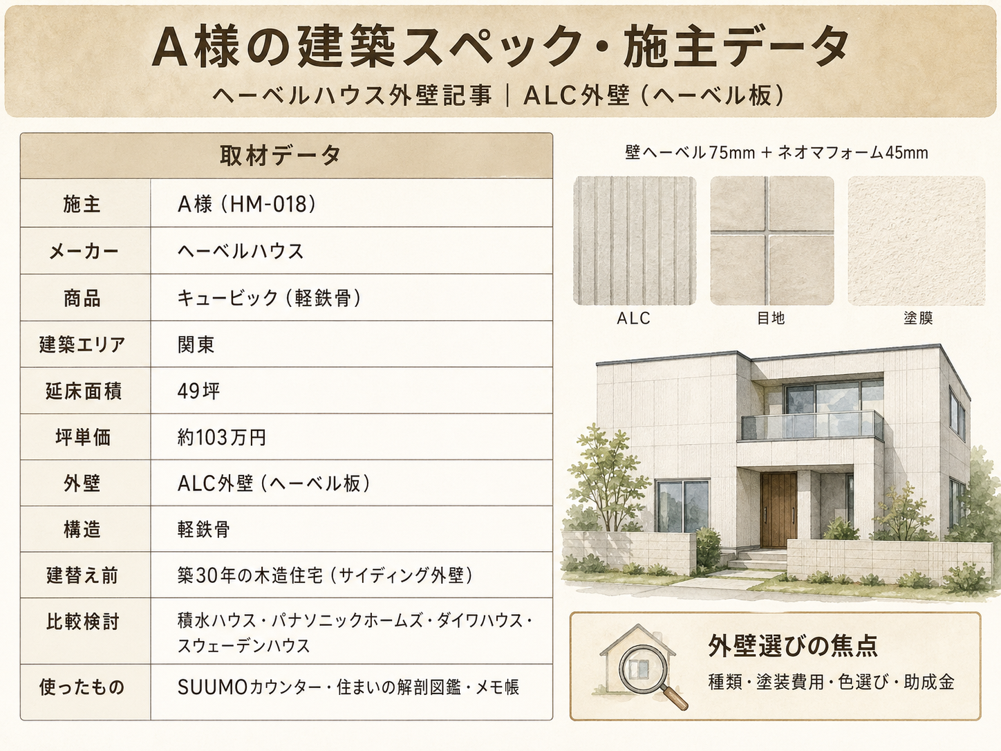 A様(ヘーベルハウス・49坪)の建築スペック一覧（メーカー・商品・坪数・坪単価・総額・建築時期）