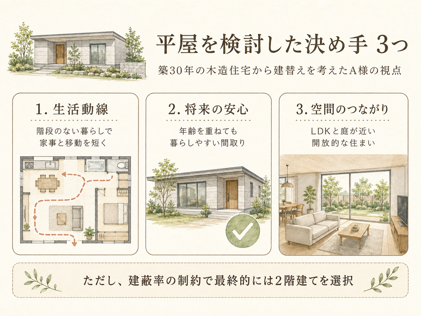 A様がヘーベルハウスの平屋を選んだ決め手3つ（生活動線・空間の豊かさ・将来の安心感）の図解