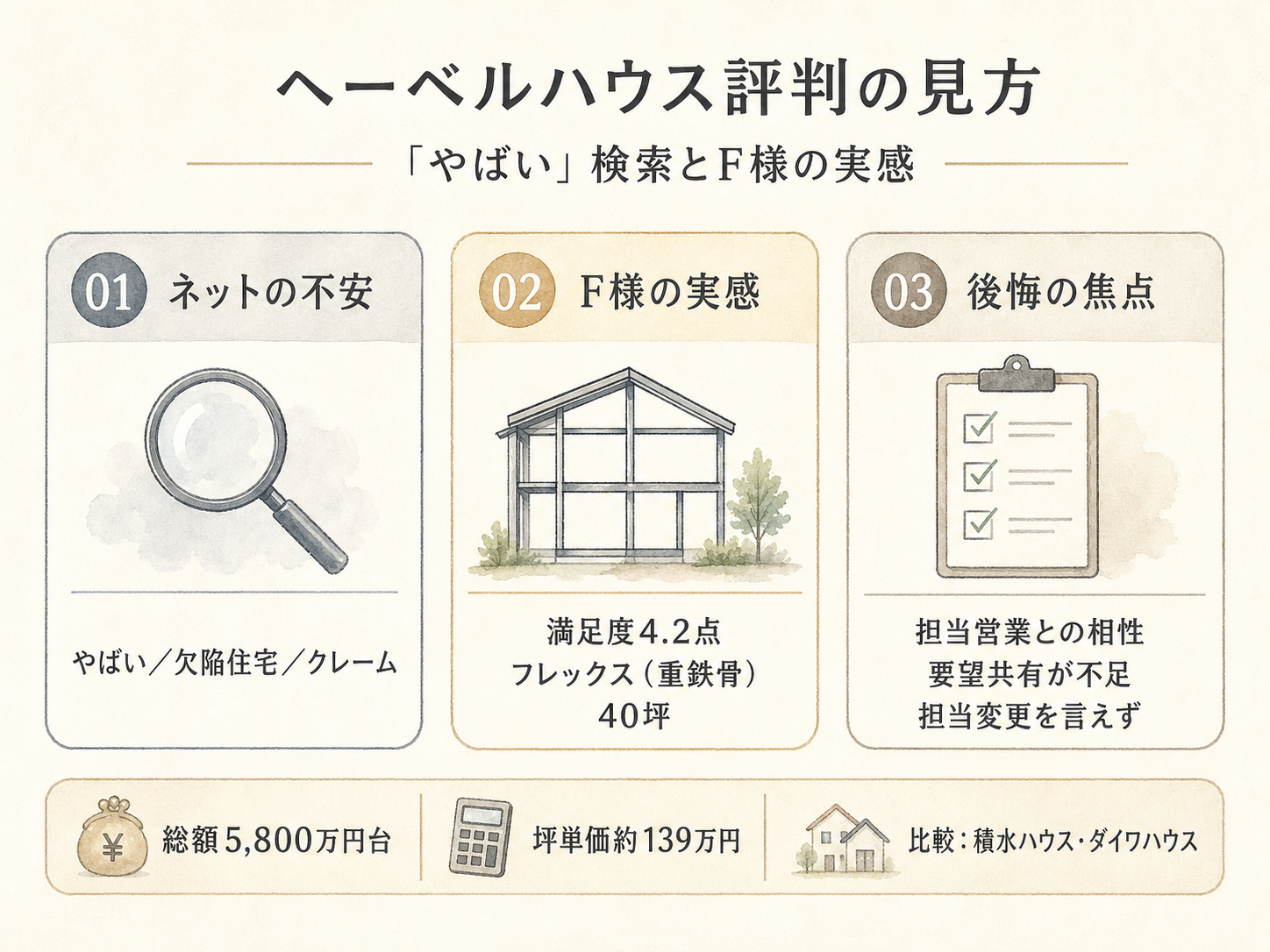 「ヘーベルハウス やばい」ネット評判とF様の実感のギャップを比較した図解（満足度4.2点）