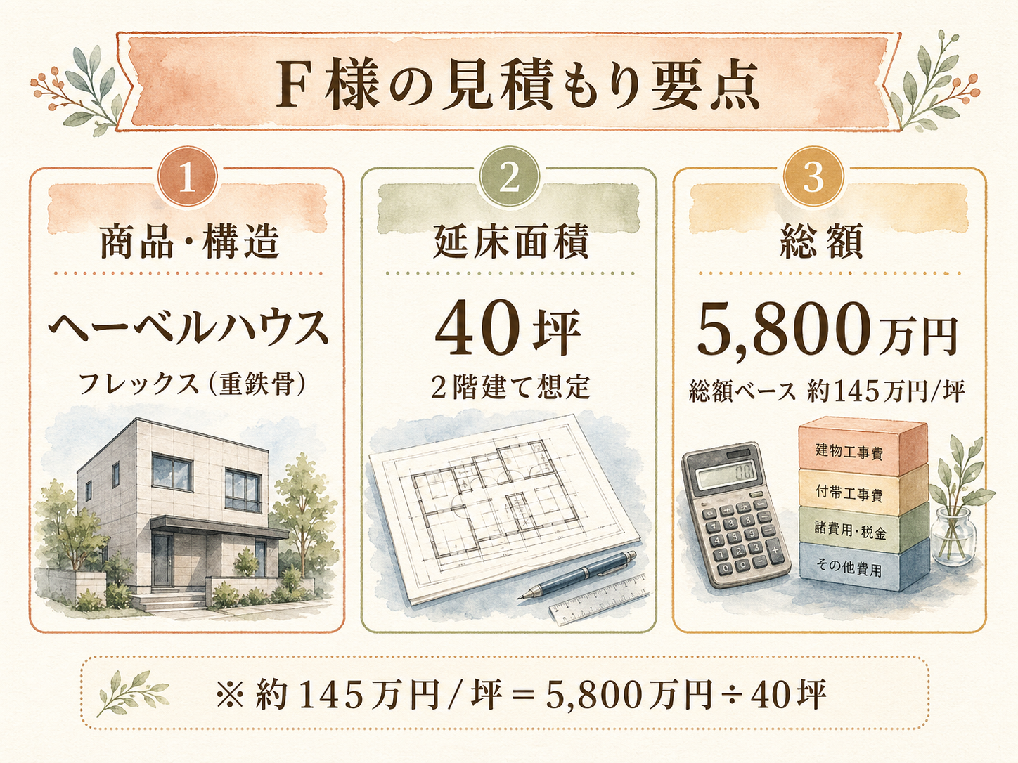 F様(ヘーベルハウス・40坪)の総額5800万円の内訳（本体工事・付帯工事・外構・家具家電・諸費用の積み上げ棒グラフ）