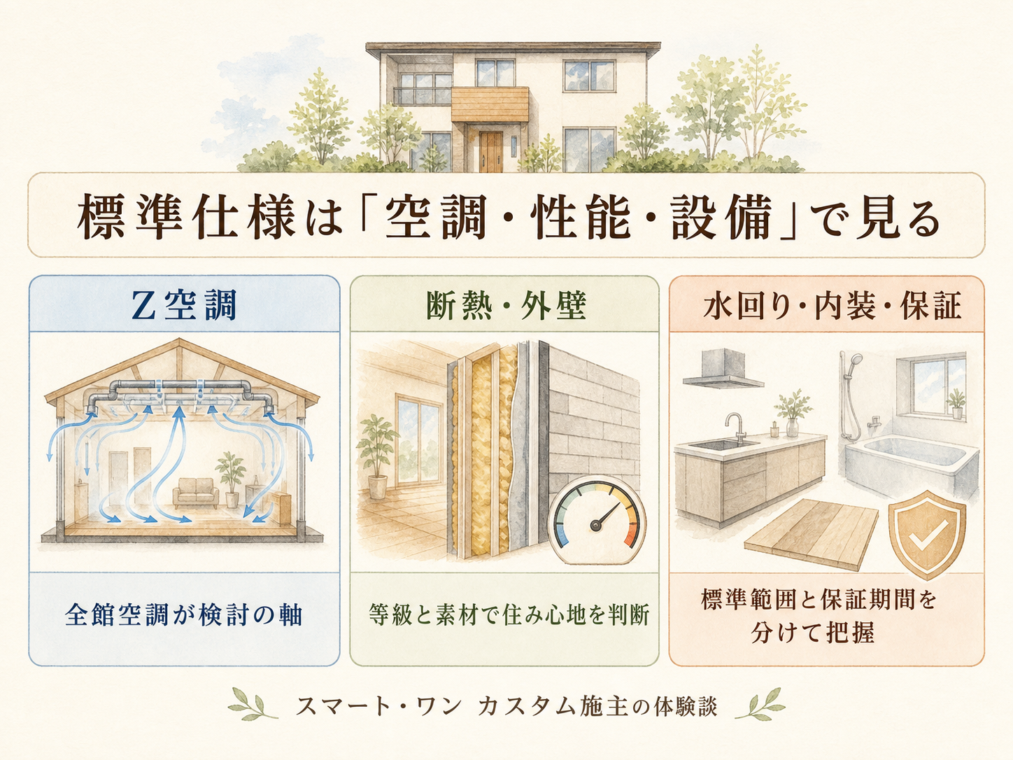 桧家住宅の標準仕様の主要3カテゴリ（構造・断熱・水回り設備）の3点カード図解