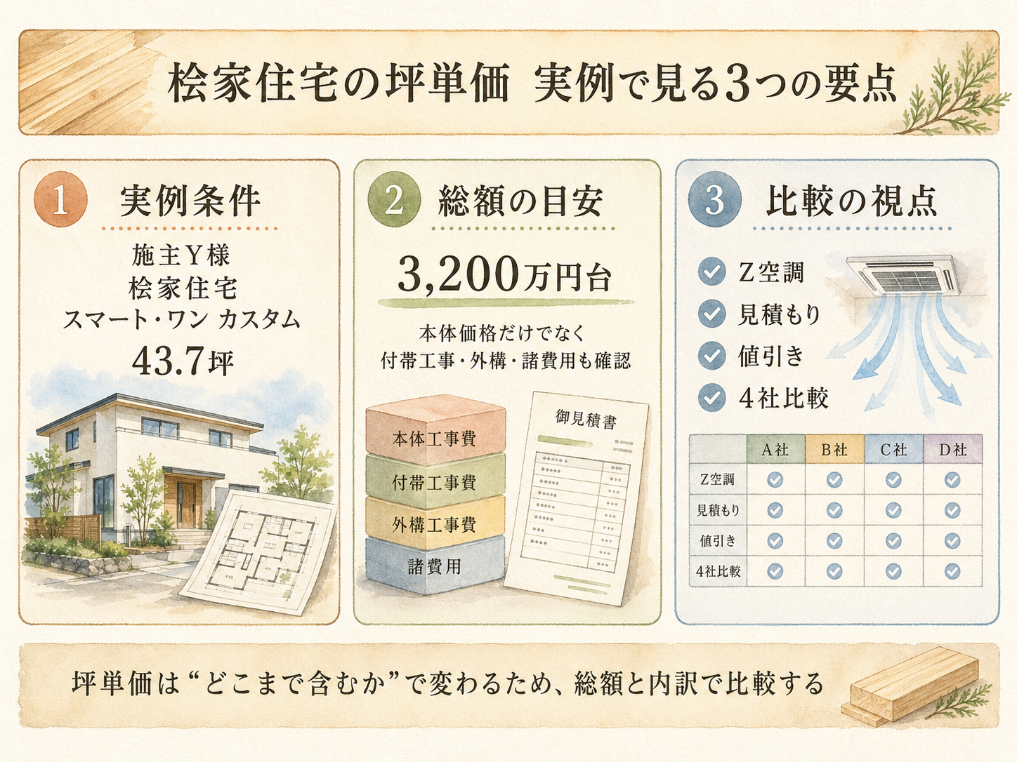 Y様(桧家住宅・43.7坪)の総額3200万円の内訳（本体工事・付帯工事・外構・家具家電・諸費用の積み上げ棒グラフ）