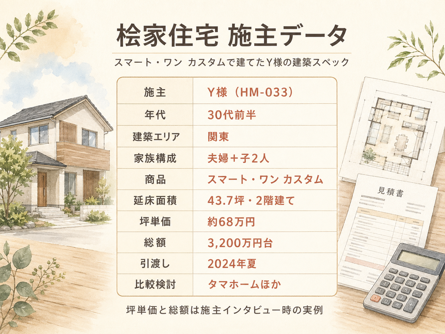 Y様(桧家住宅・43.7坪)の建築スペック一覧（メーカー・商品・坪数・坪単価・総額・建築時期）