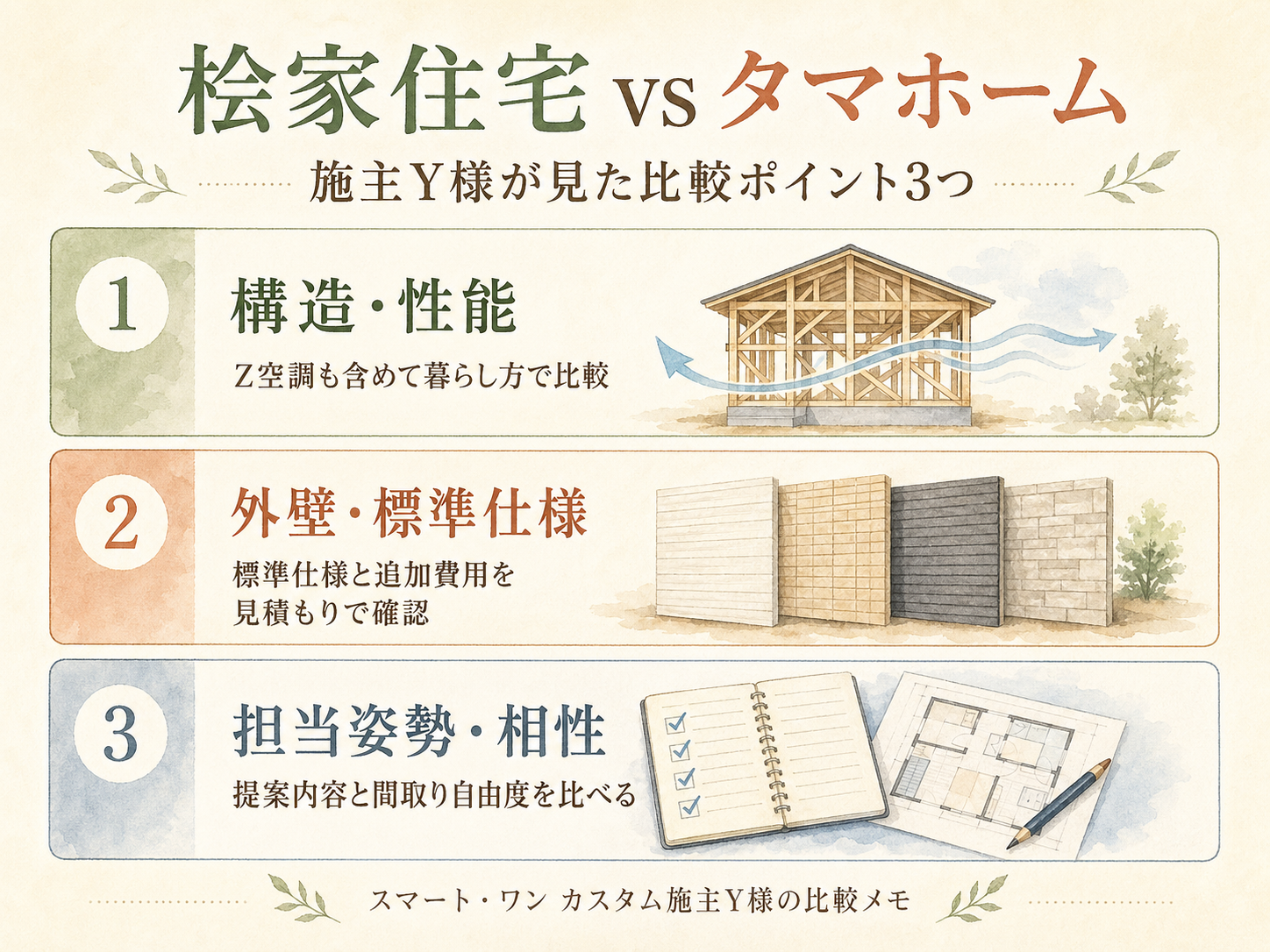 桧家住宅と比較検討したメーカーの違い3点（構造・外壁・担当姿勢）のマトリクス図解