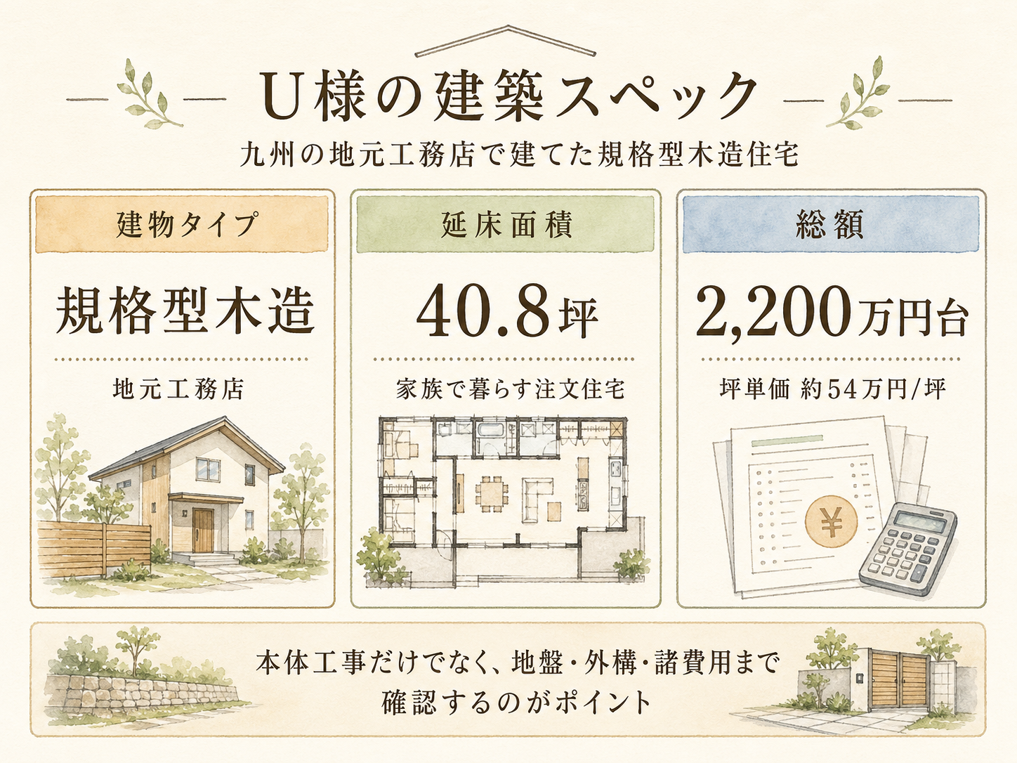 U様(ハウスメーカー・40.8坪)の建築スペック（メーカー・商品・坪数・坪単価・総額・建築時期のカード表示）
