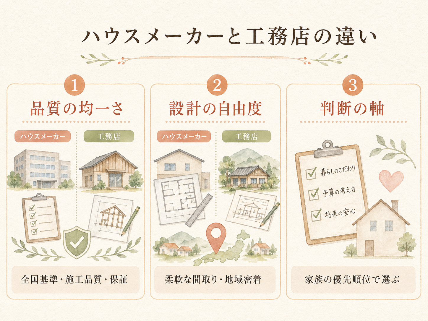 ハウスメーカーと比較検討したメーカーの違い3点（構造・外壁・担当姿勢）のマトリクス図解
