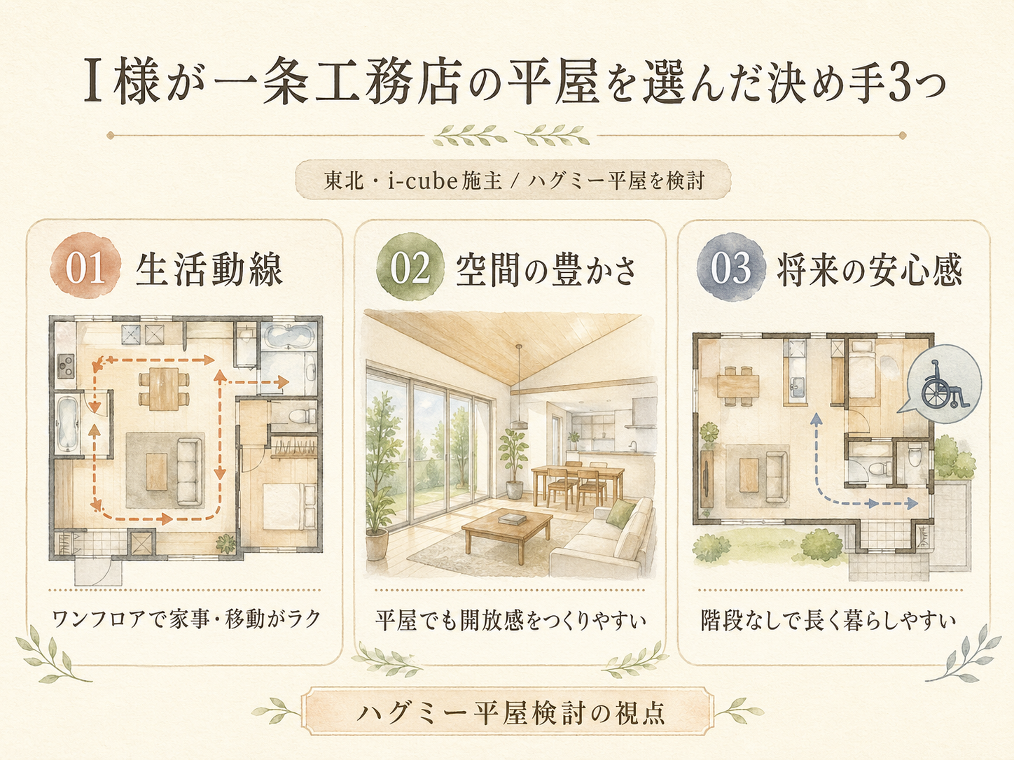 I様が一条工務店の平屋を選んだ決め手3つ（生活動線・空間の豊かさ・将来の安心感）の図解