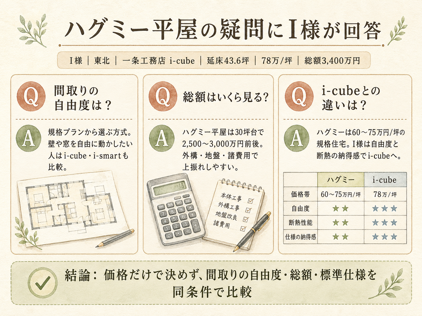一条工務店に関する読者の疑問と、I様の取材時の回答（Q&A図解）