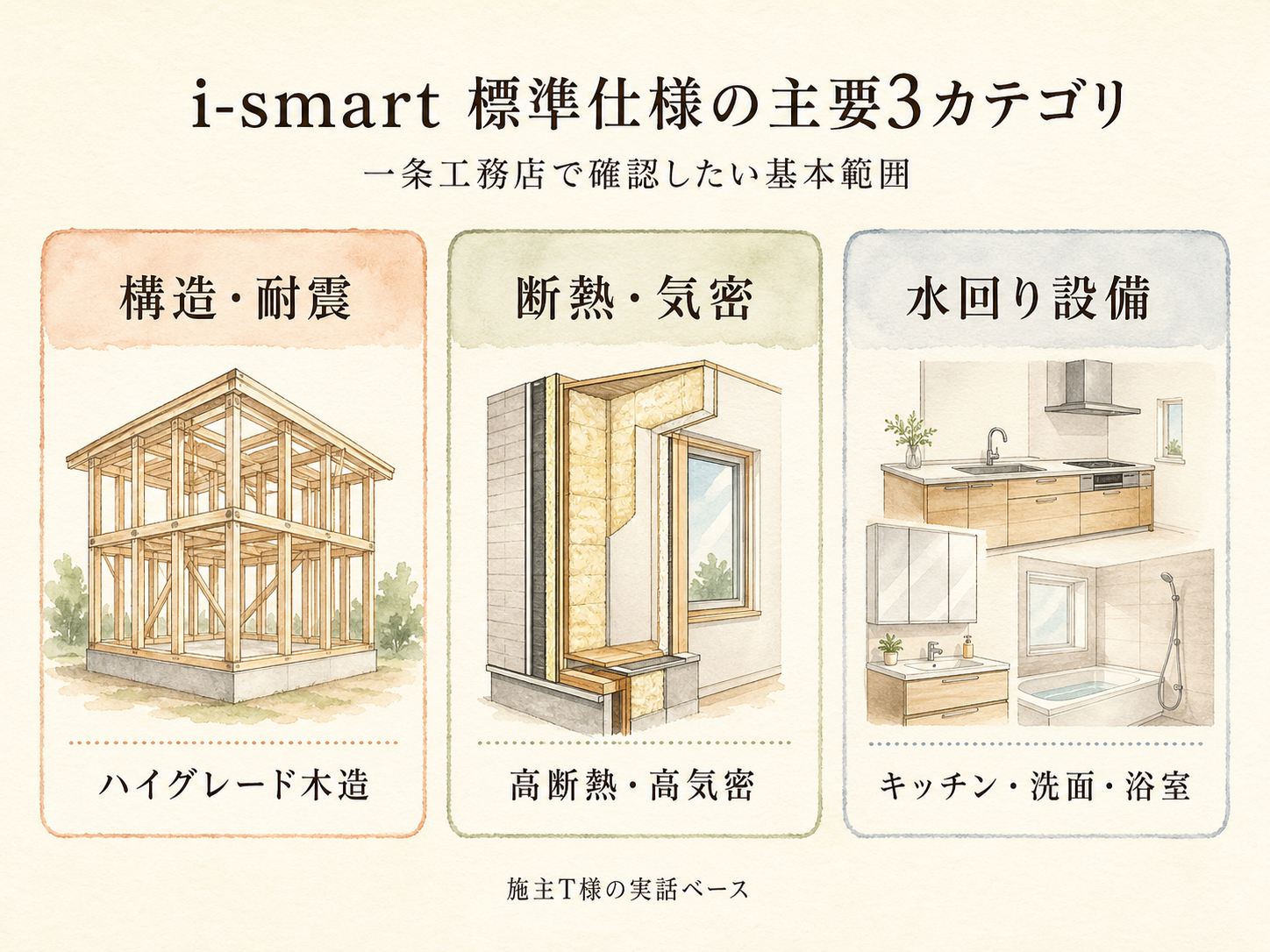 一条工務店i-smartの標準仕様の主要3カテゴリ(構造・断熱・水回り設備)の3点カード図解