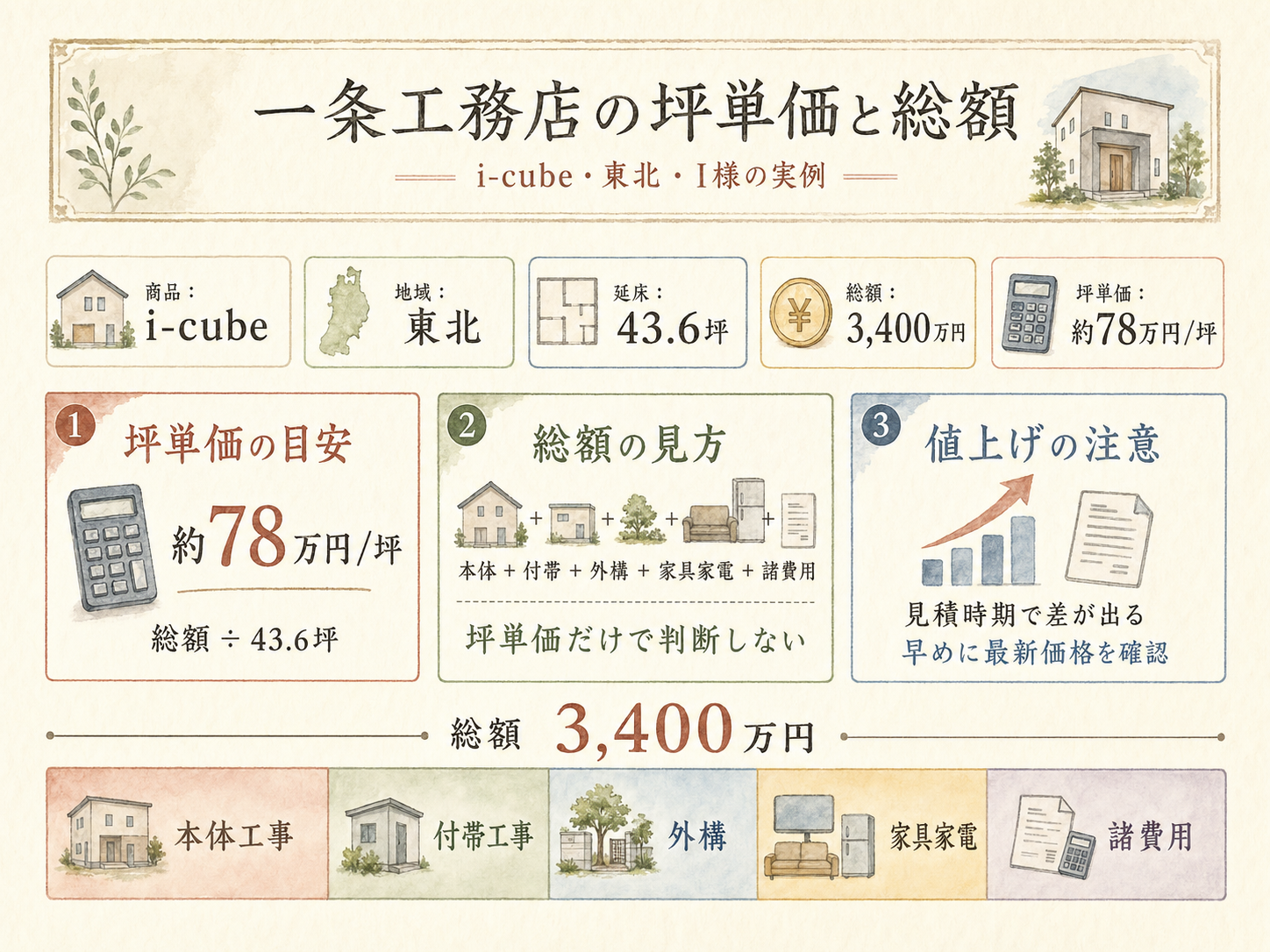 I様(一条工務店i-cube・43.6坪)の総額3,400万円台の内訳(本体工事・付帯工事・外構・家具家電・諸費用の積み上げ棒グラフ)