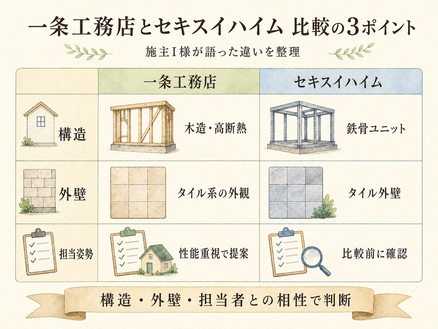 一条工務店と比較検討したメーカーの違い3点（構造・外壁・担当姿勢）のマトリクス図解