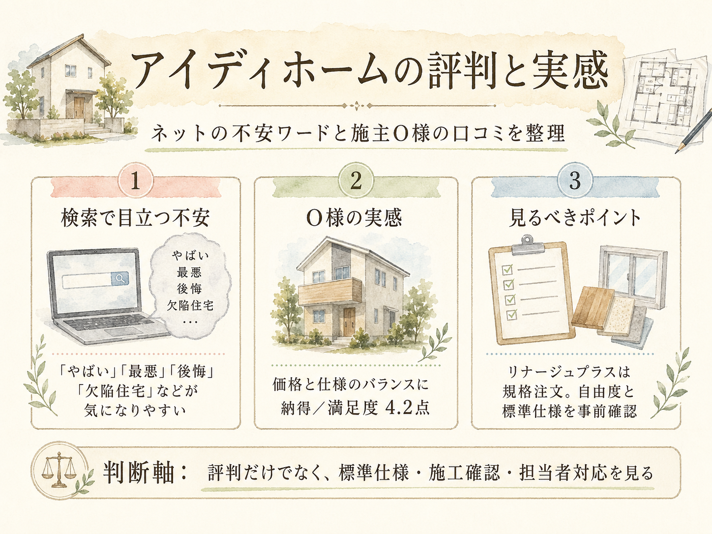 「アイディホーム やばい」ネット評判とO様の実感のギャップを比較した図解（満足度4.2点）