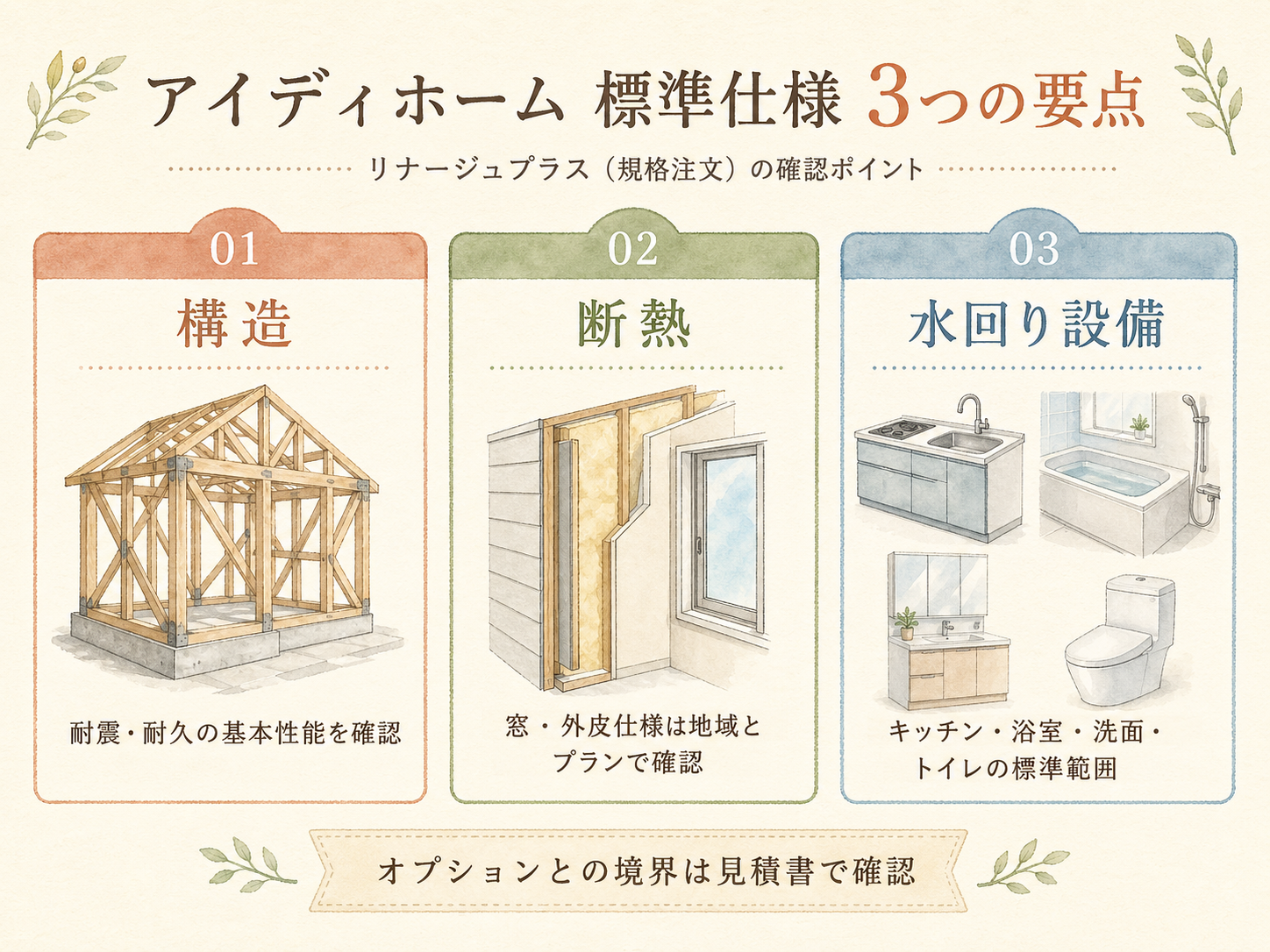 アイディホームの標準仕様の主要3カテゴリ（構造・断熱・水回り設備）の3点カード図解