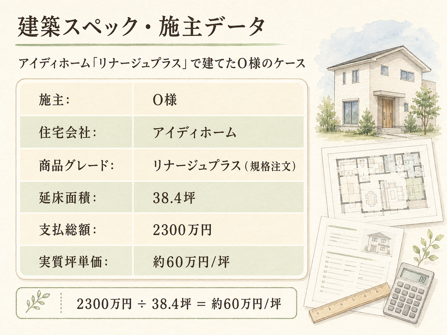 O様(アイディホーム・38.4坪)の建築スペック一覧（メーカー・商品・坪数・坪単価・総額・建築時期）